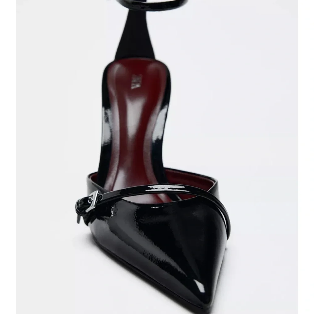Black Patent Leather Ankle Strap Buckle Heels - Picture 4 of 6